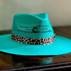 Charlie 1 Horse Right Meow Straw Stiff Brim hat in turquoise with a leopard band